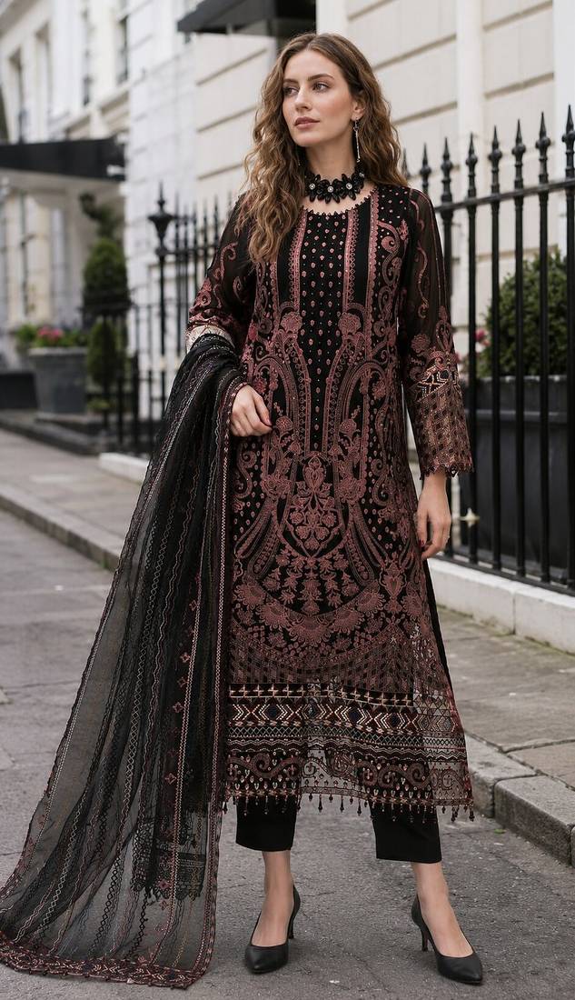 Black georgette suit with embroidered & multi thread zarkan work