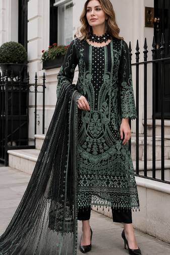 Black georgette suit with embroidered & multi thread zarkan work