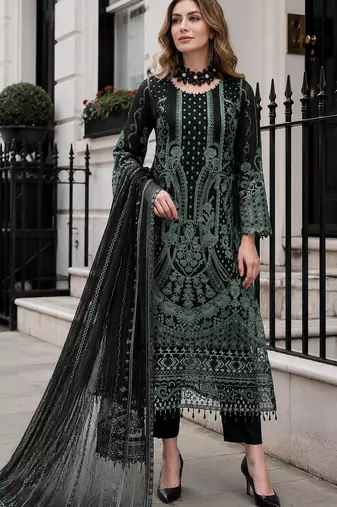 Black georgette suit with embroidered & multi thread zarkan work