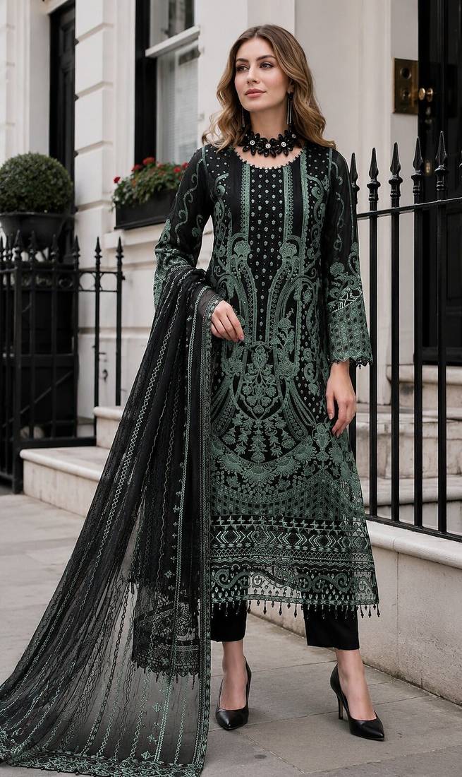 Black georgette suit with embroidered & multi thread zarkan work