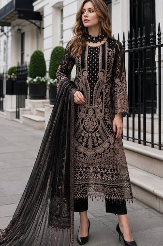 Black georgette suit with embroidered & multi thread zarkan work
