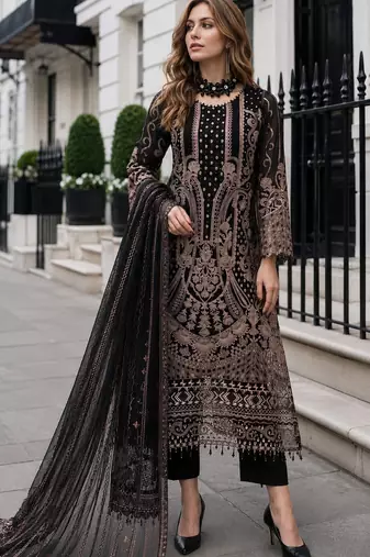 Black georgette suit with embroidered & multi thread zarkan work