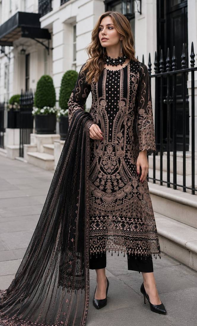 Black georgette suit with embroidered & multi thread zarkan work