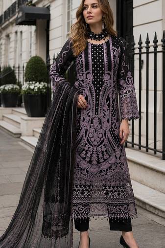 Black georgette suit with embroidered & multi thread zarkan work
