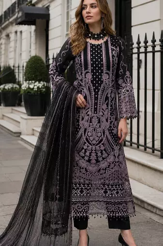 Black georgette suit with embroidered & multi thread zarkan work