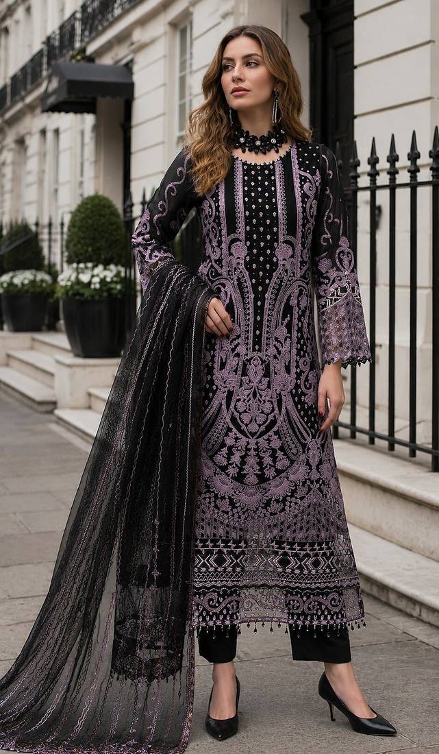 Black georgette suit with embroidered & multi thread zarkan work