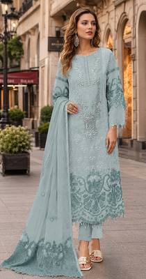 Sky blue organza suit with embroidery & sequin work 1