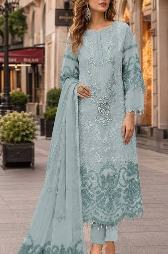 Sky blue organza suit with embroidery & sequin work