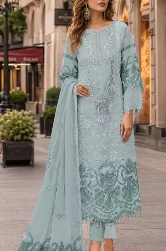 Sky blue organza suit with embroidery & sequin work