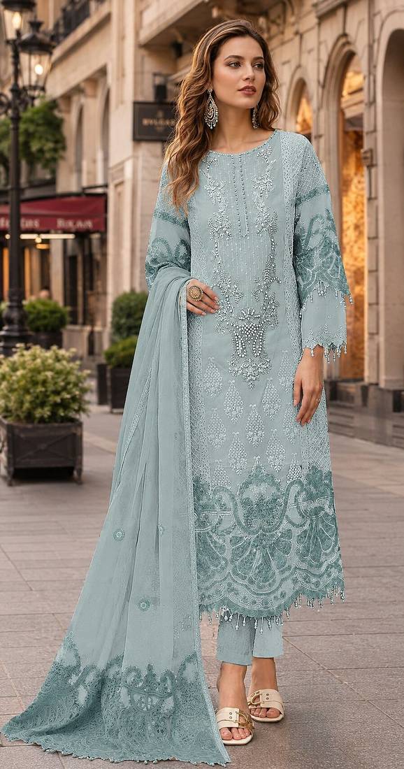 Sky blue organza suit with embroidery & sequin work