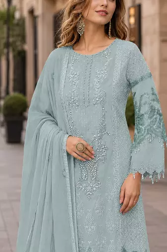 Sky blue organza suit with embroidery & sequin work