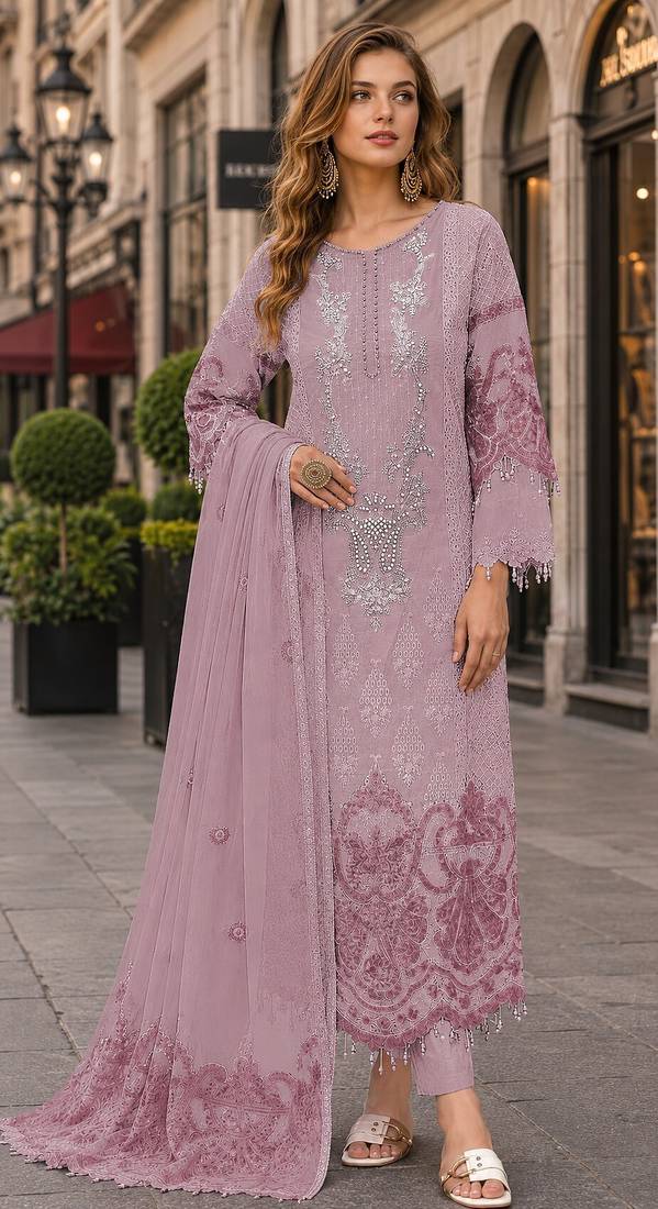 Purple organza suit with embroidery & sequin work