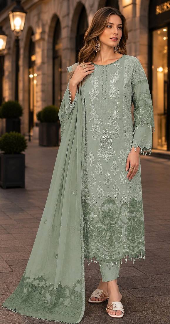 Light green organza suit with embroidery & sequin work