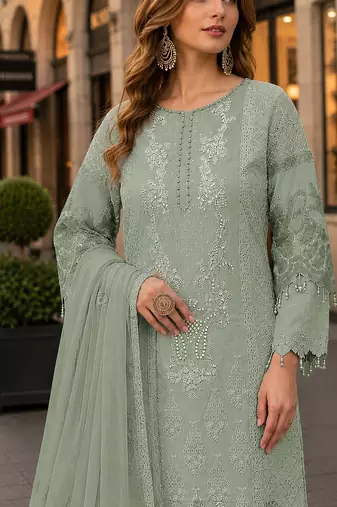 Light green organza suit with embroidery & sequin work