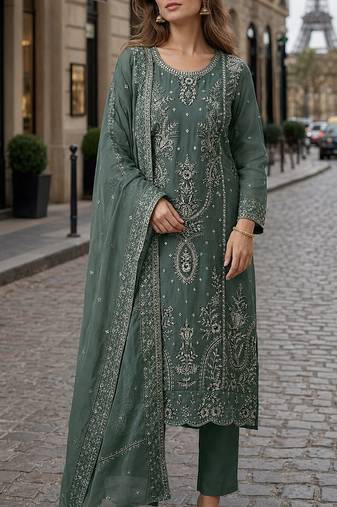 D green organza suit with thread embroidery & sequin work
