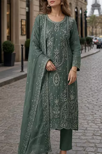 D green organza suit with thread embroidery & sequin work