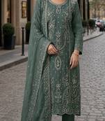 D green organza suit with thread embroidery & sequin work