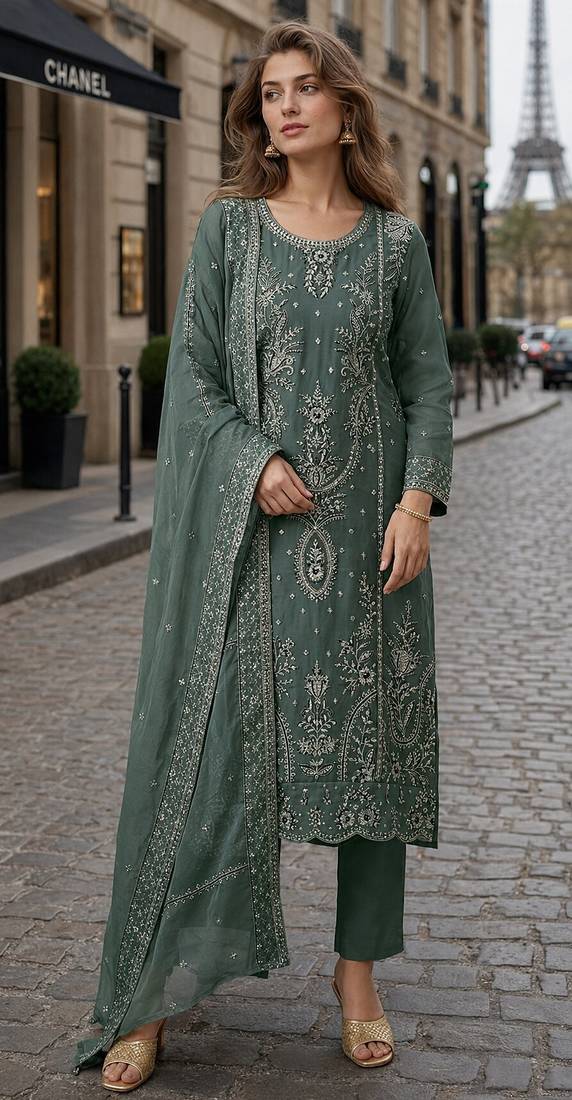 D green organza suit with thread embroidery & sequin work