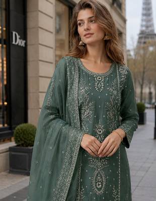 D green organza suit with thread embroidery & sequin work 2