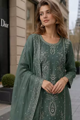 D green organza suit with thread embroidery & sequin work