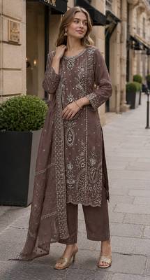 Coffee organza suit with thread embroidery & sequin work 1