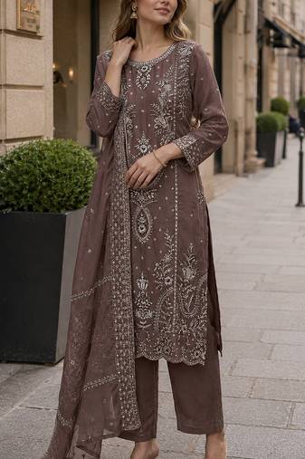 Coffee organza suit with thread embroidery & sequin work