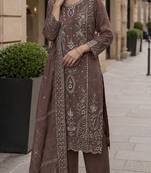 Coffee organza suit with thread embroidery & sequin work