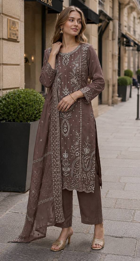 Coffee organza suit with thread embroidery & sequin work