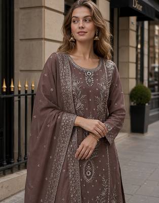 Coffee organza suit with thread embroidery & sequin work 2