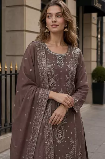 Coffee organza suit with thread embroidery & sequin work