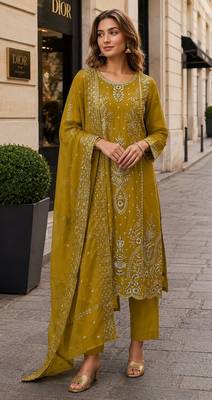 Mustard organza suit with thread embroidery & sequin work 1
