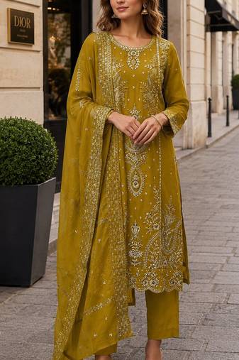 Mustard organza suit with thread embroidery & sequin work