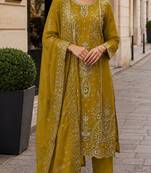 Mustard organza suit with thread embroidery & sequin work