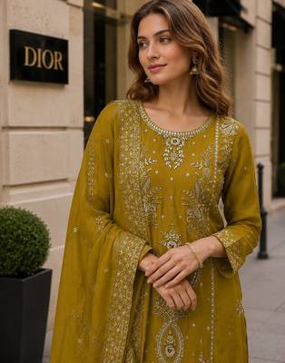 Mustard organza suit with thread embroidery & sequin work 2