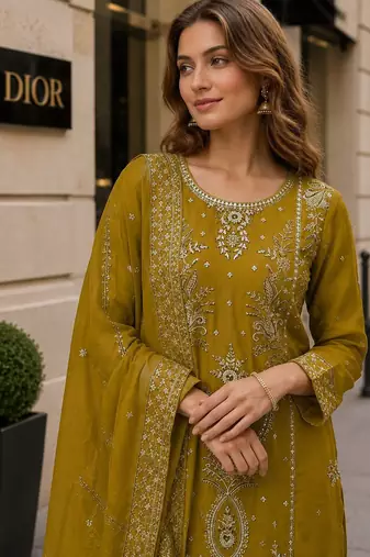 Mustard organza suit with thread embroidery & sequin work