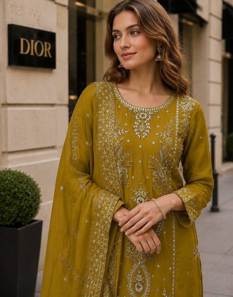 Mustard organza suit with thread embroidery & sequin work