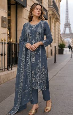 Grey organza suit with thread embroidery & sequin work 1