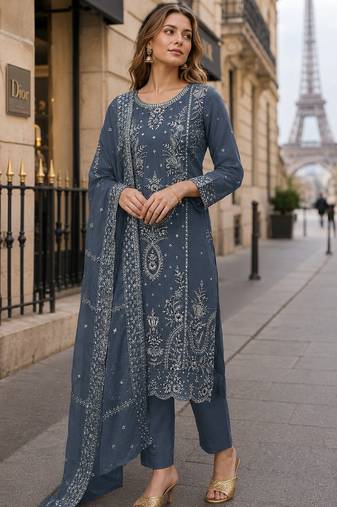 Grey organza suit with thread embroidery & sequin work