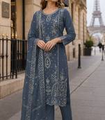 Grey organza suit with thread embroidery & sequin work