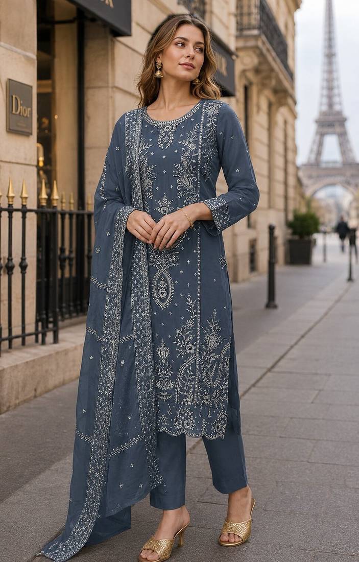 Grey organza suit with thread embroidery & sequin work