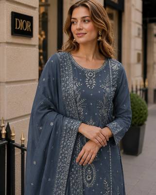 Grey organza suit with thread embroidery & sequin work 2