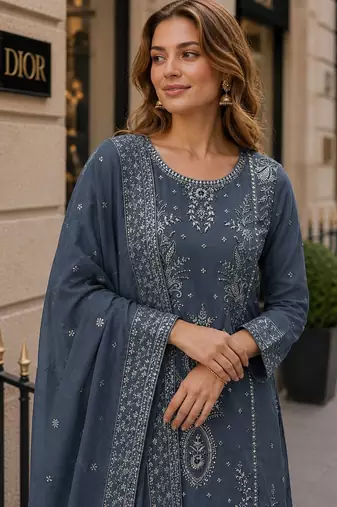 Grey organza suit with thread embroidery & sequin work