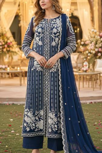 Navy chiffon suit with thread embroidery & sequin work