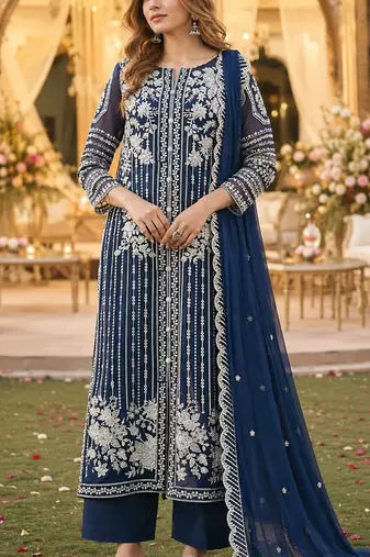 Navy chiffon suit with thread embroidery & sequin work