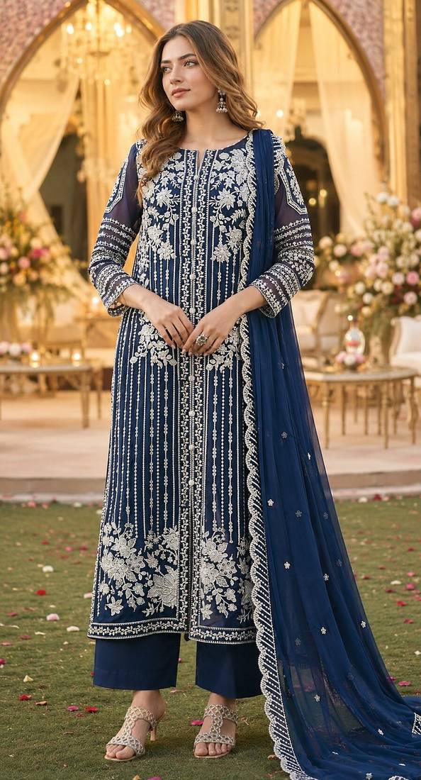 Navy chiffon suit with thread embroidery & sequin work