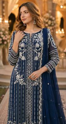 Navy chiffon suit with thread embroidery & sequin work 2