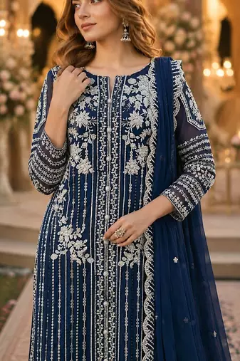 Navy chiffon suit with thread embroidery & sequin work
