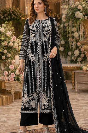 Black chiffon suit with thread embroidery & sequin work