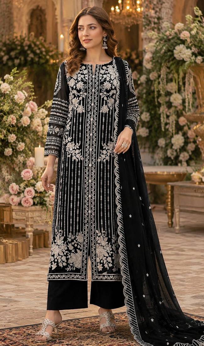 Black chiffon suit with thread embroidery & sequin work