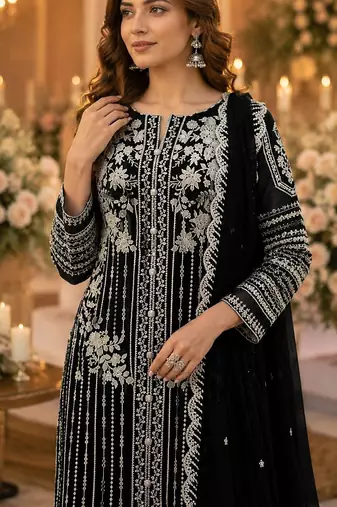 Black chiffon suit with thread embroidery & sequin work